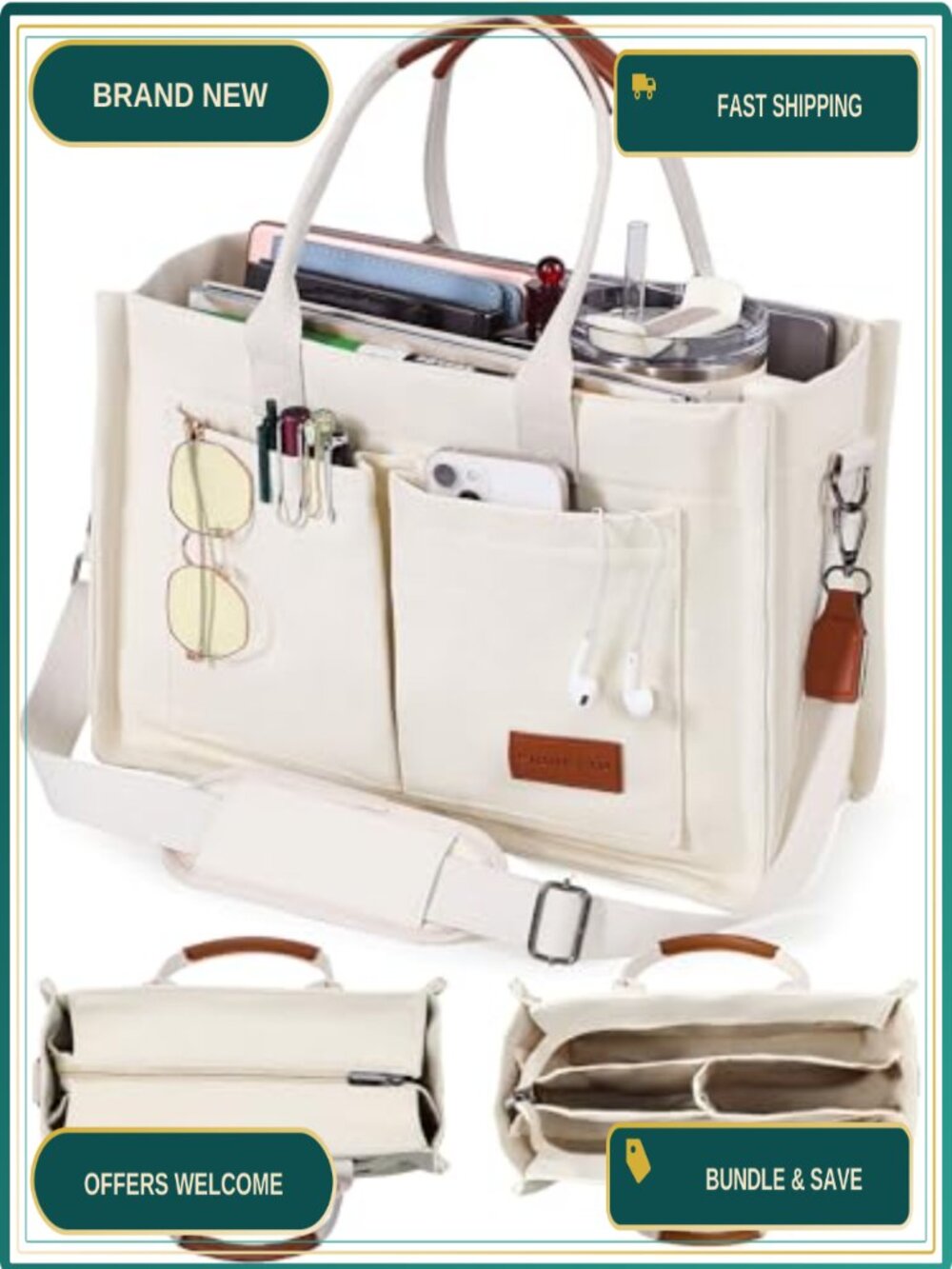 Canvas Tote Bag with Zipper & Compartments for Work College Travel